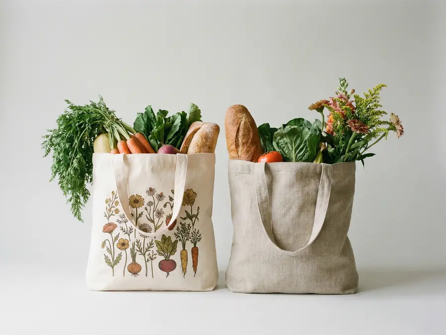 Natural canvas cotton tote bags with screen print for eco brand and farmers market use.