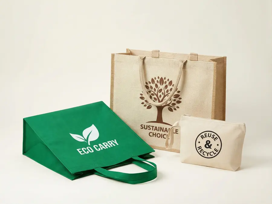 Reusable eco shopping bags including non-woven tote and woven PP bag for sustainable brand use.