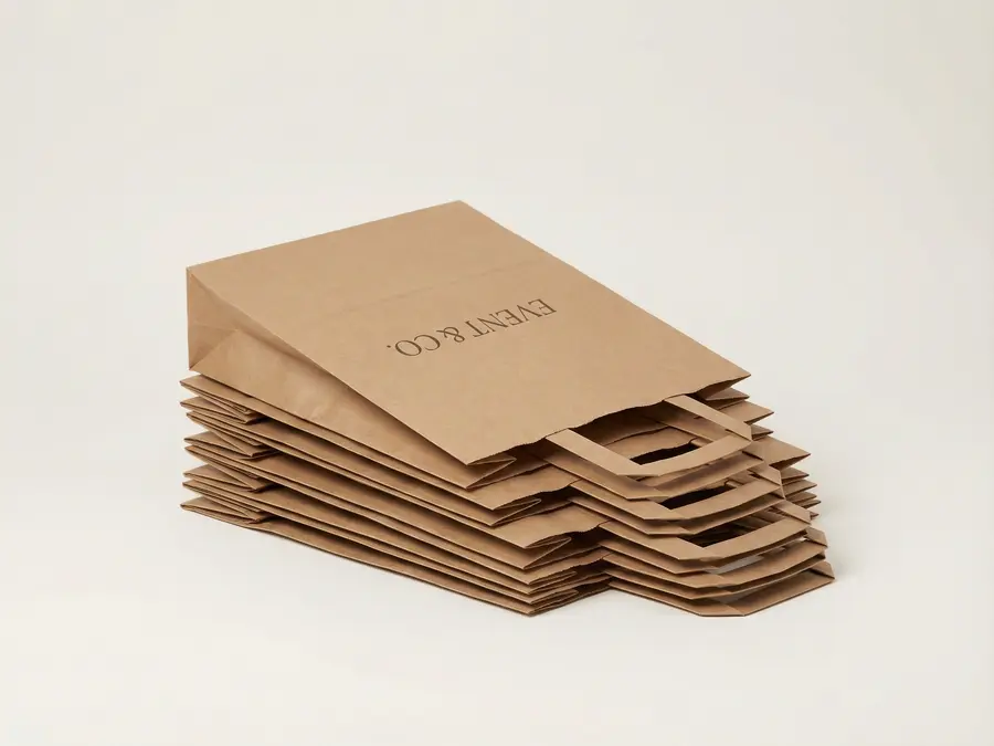 Event promotional paper bags stacked for bulk brand giveaway campaigns.