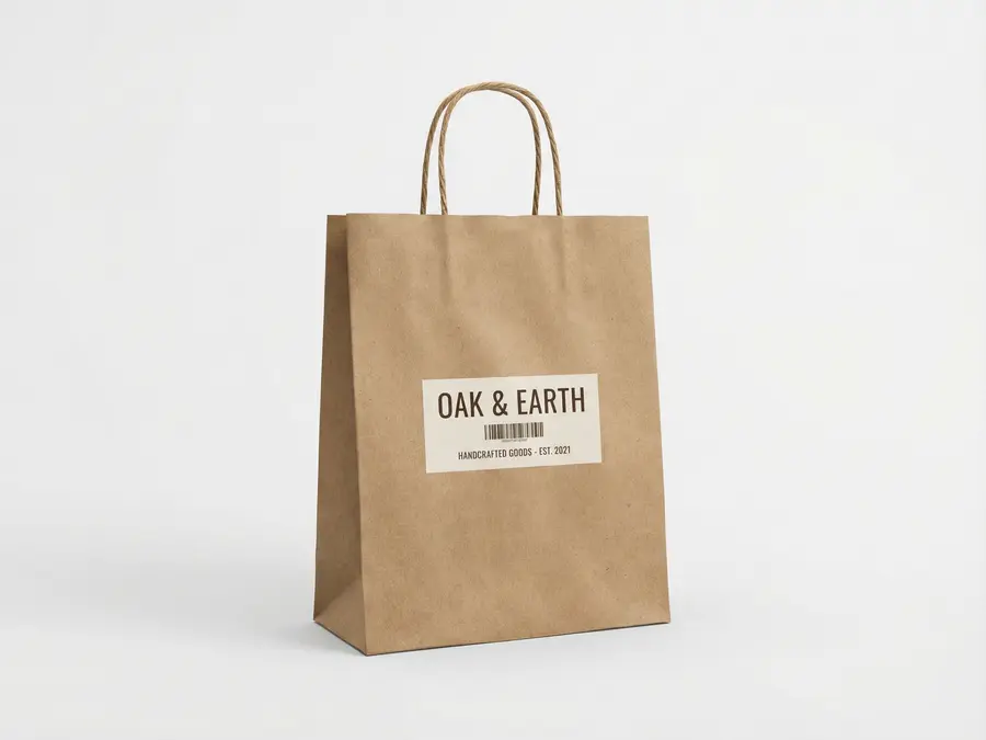 Kraft paper shopping bag with twisted rope handles for retail brand packaging.