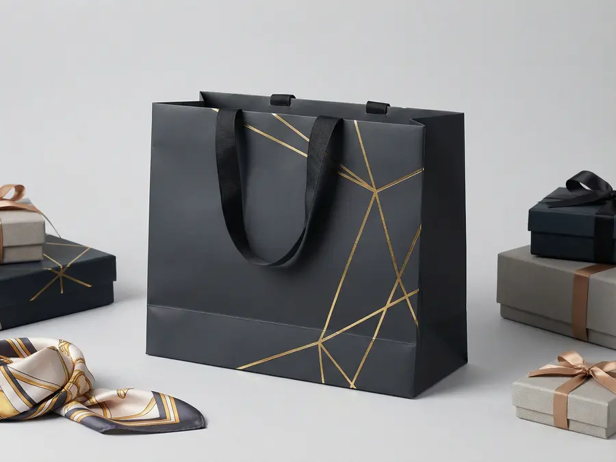 Premium laminated paper gift bag with grosgrain ribbon handles and matte foil finish.