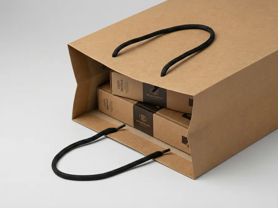 Reinforced paper bag with nylon rope handles and structured base for heavy-duty gifting.
