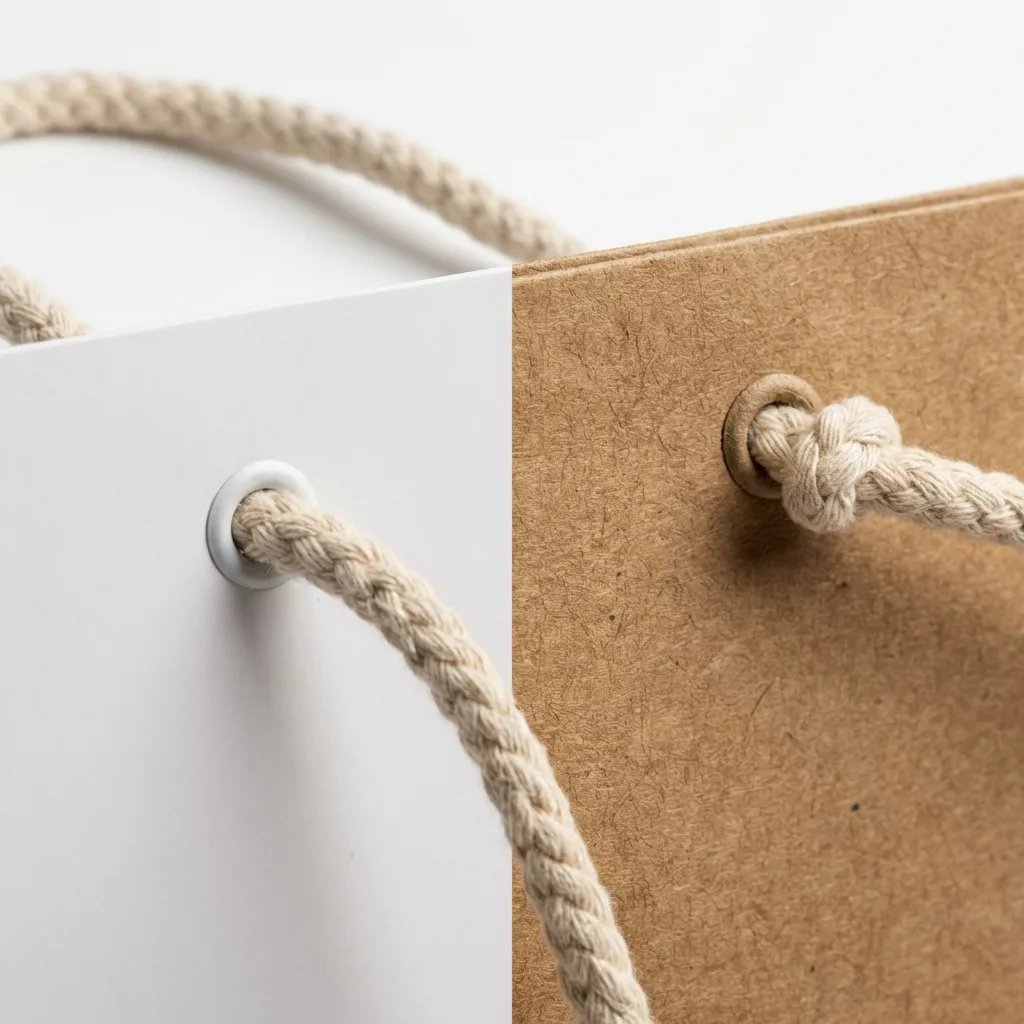 客製化紙袋材質近拍，白卡紙與牛皮紙的質感比較細節。