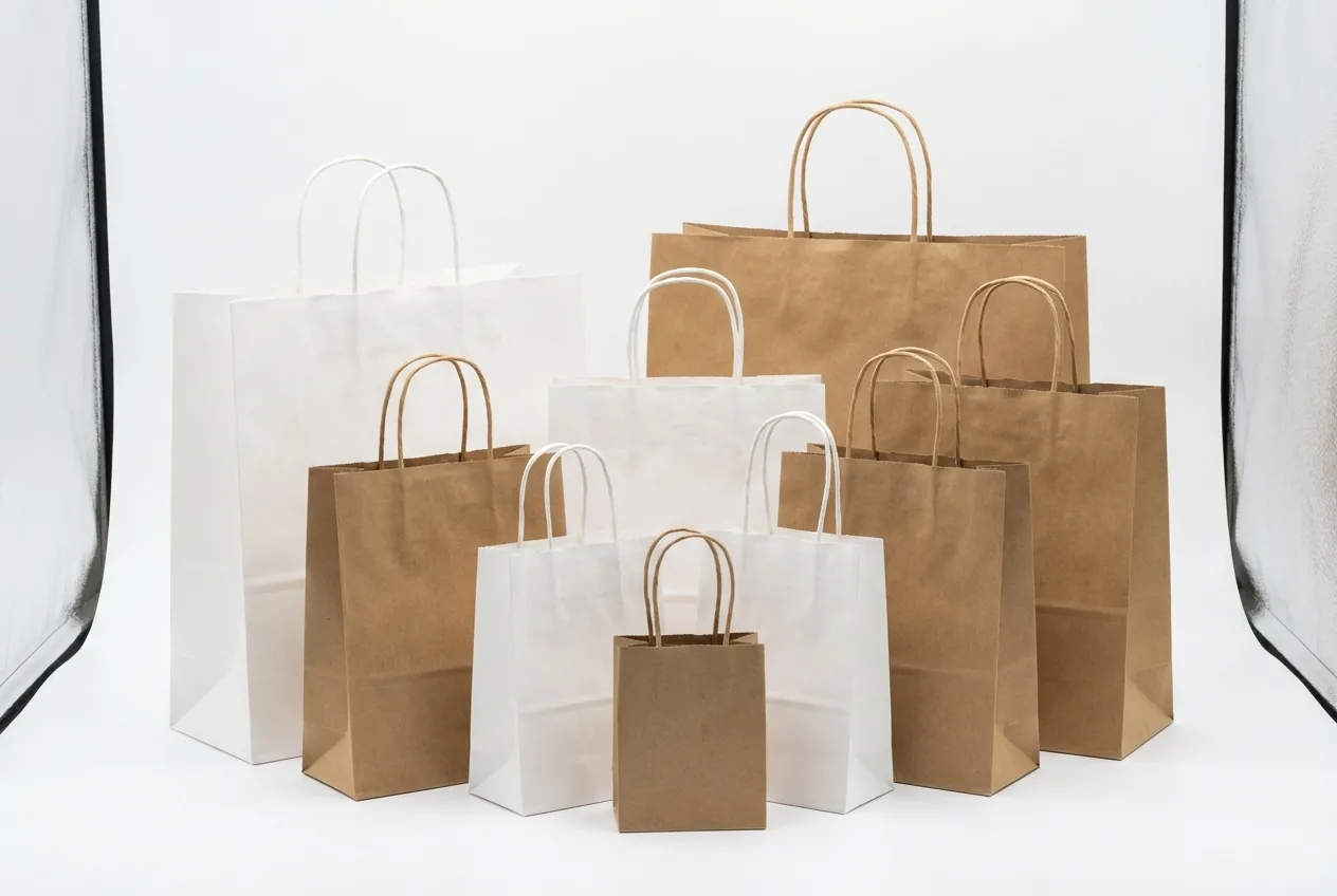 客製化紙袋設計展示，品牌手提紙袋印刷材質與尺寸選擇說明。