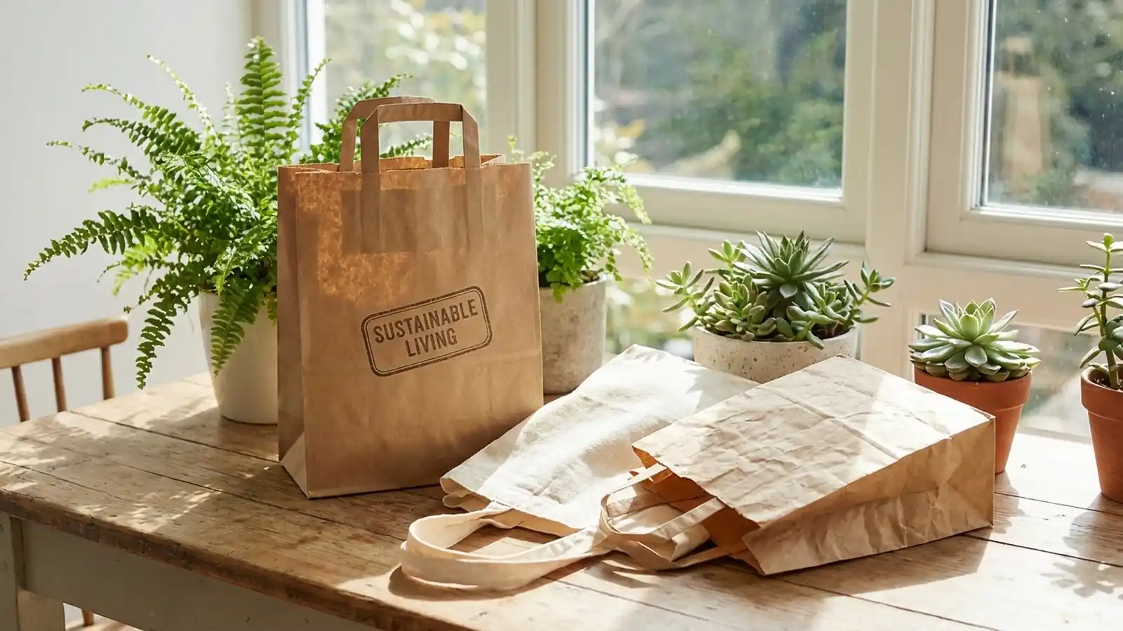 各種環保袋材質並排展示：牛皮紙袋、棉布袋、不織布袋、杜邦紙袋