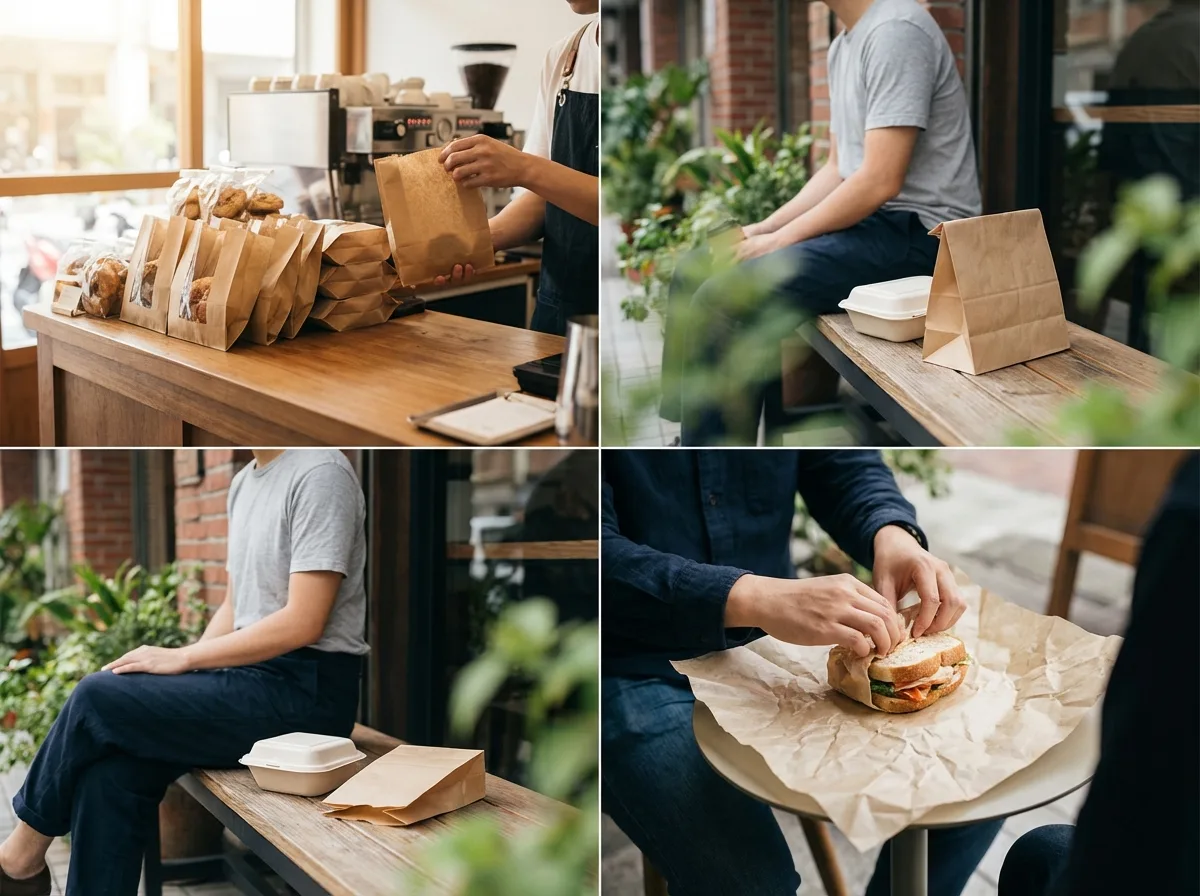 客製防油紙袋使用情境，餐飲品牌外帶袋在咖啡廳收銀台的陳列展示。