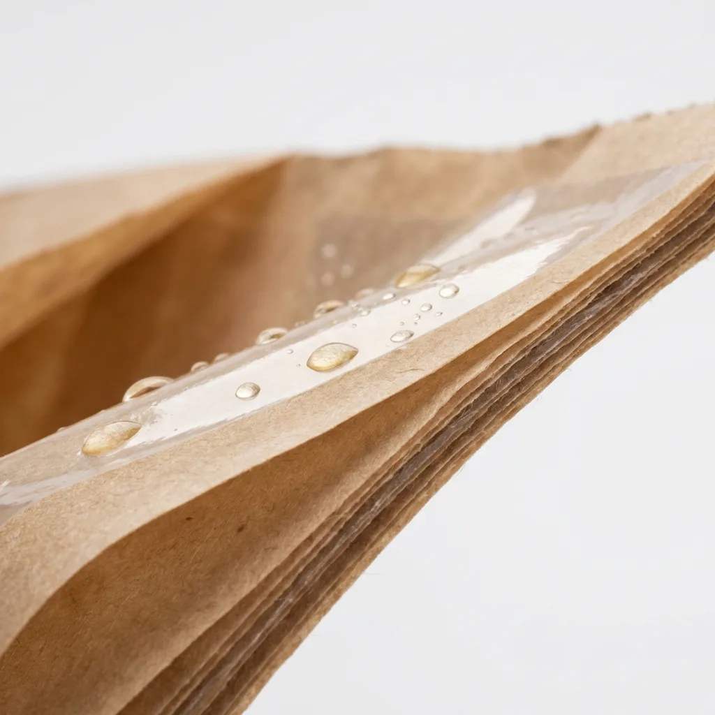 防油紙袋材質近拍，PE 淋膜防油塗層的紙袋結構細節展示。