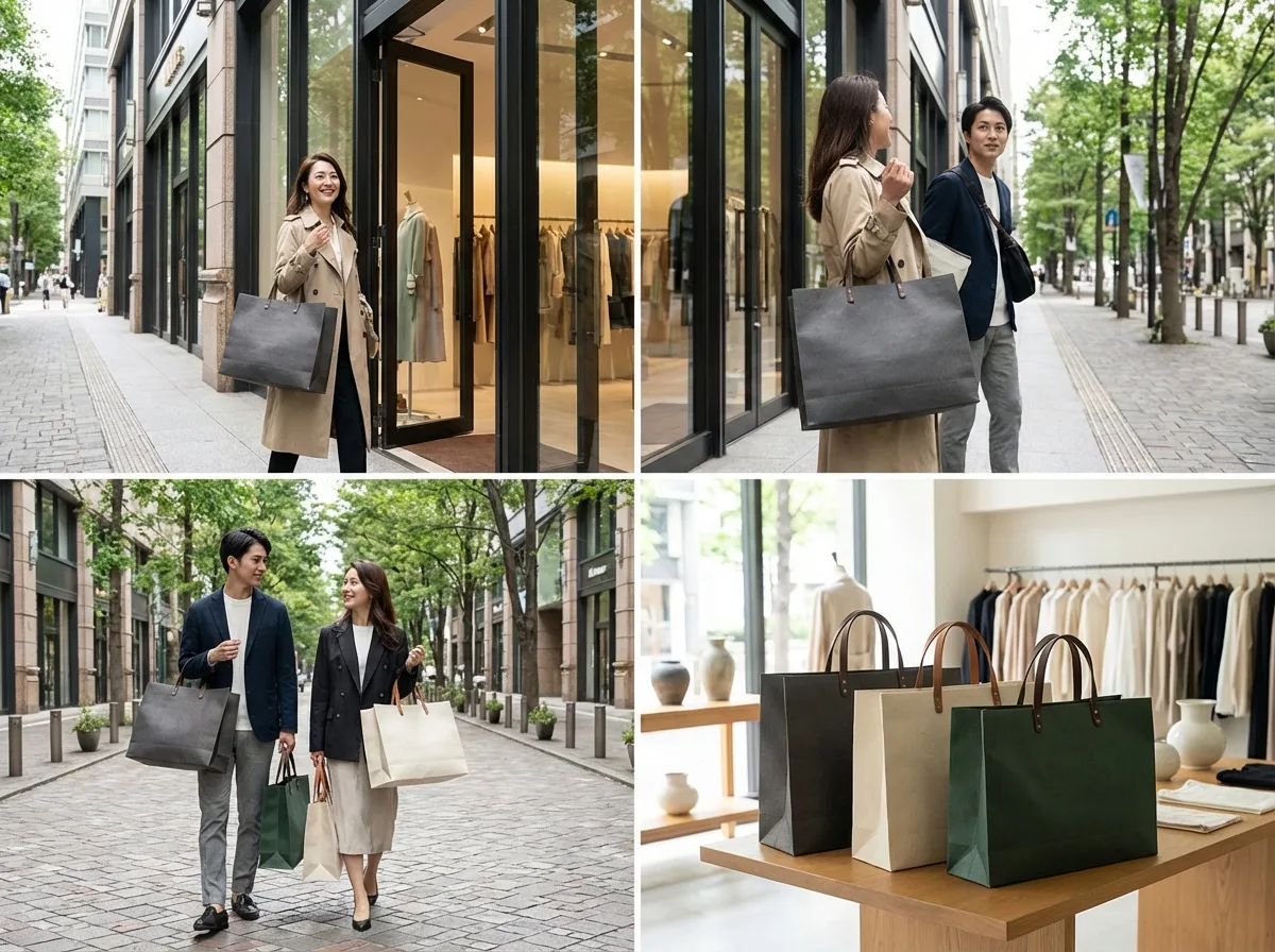 手提紙袋使用情境，品牌精品店手提紙袋在零售環境的實際使用展示。
