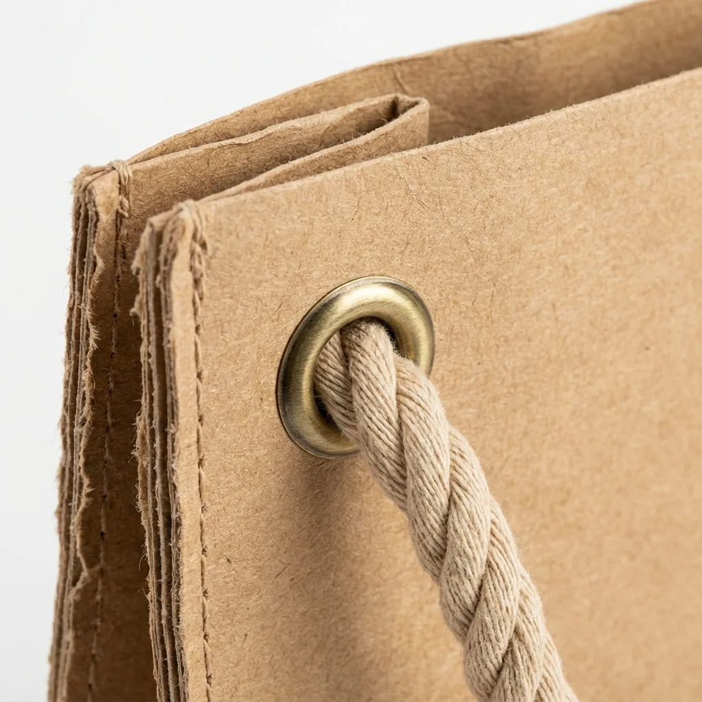 手提紙袋提把材質近拍，棉繩提把與扭繩提把的質感與固定方式比較。