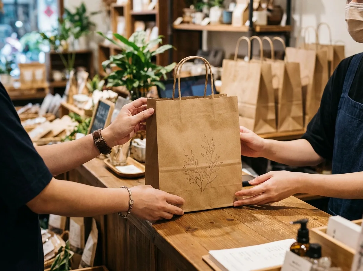 客製品牌紙袋使用情境，品牌零售店的客製印刷手提紙袋品牌展示效果。