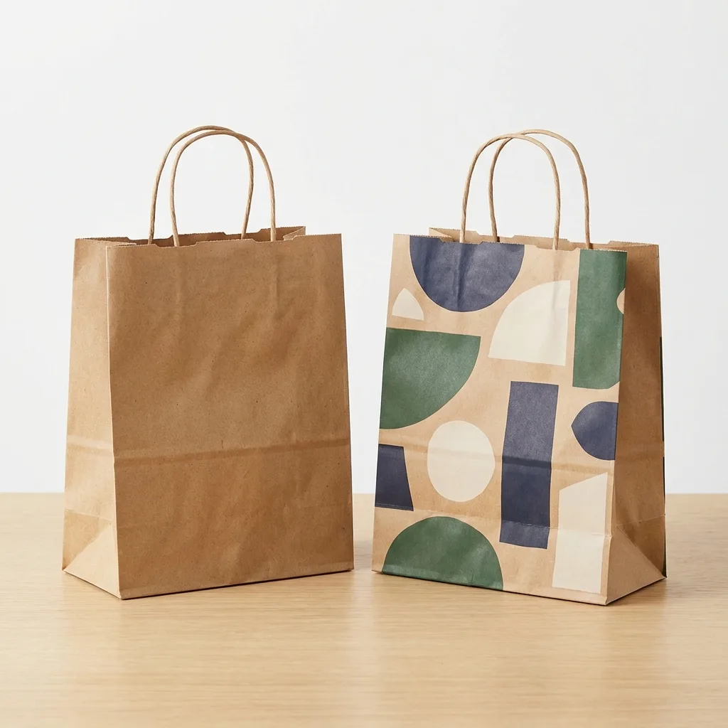 公版紙袋與客製品牌紙袋的對比展示，素面白袋與印刷品牌紙袋的品牌效果比較。