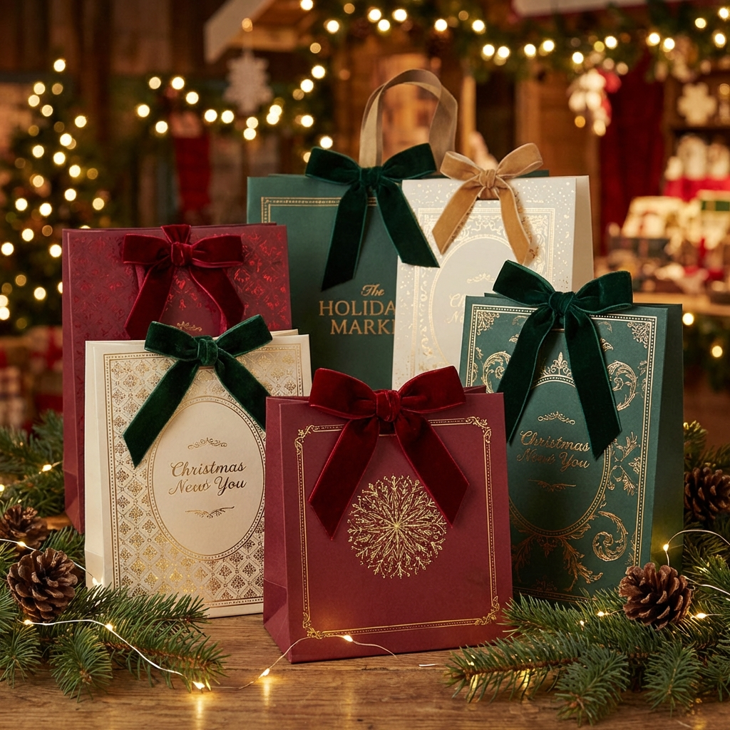 節慶伴手禮紙袋,燙金印刷與緞帶提把