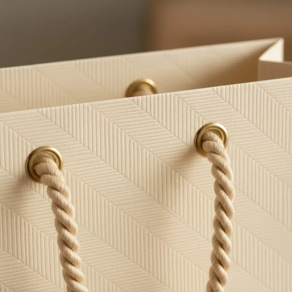 品牌紙袋紙材、提把與印刷細節示意