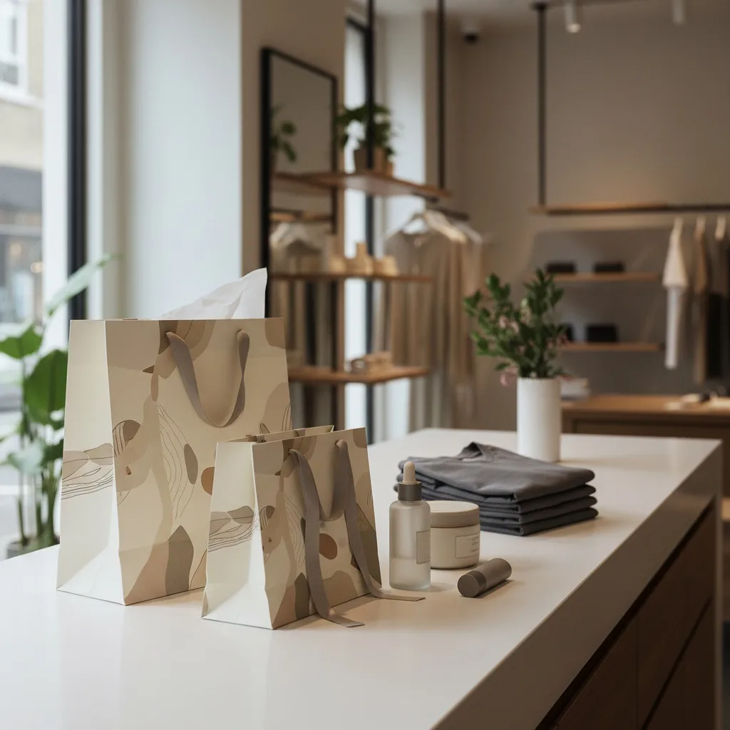 多款品牌紙袋與零售提袋的情境示意
